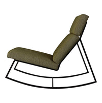 Olive green rocking chair with textured fabric on a sleek black metal frame. Modern design for stylish interiors.
