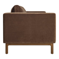 Brown upholstered sofa with a smooth texture and wooden legs, showcasing a minimalist design.