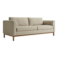 Beige upholstered sofa with a minimalist design and light wood legs, featuring a smooth, textured fabric.