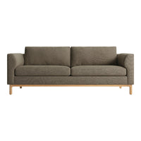 Olive green textured sofa with a minimalist design and light natural wood legs. Ideal for modern living spaces.