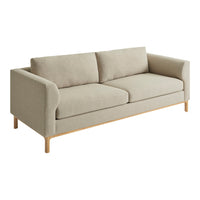 Light beige fabric sofa with a modern design and simple rectangular pattern. Natural wood legs enhance the minimalist look.
