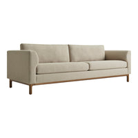 Beige fabric sofa with clean lines and a natural wood base, perfect for modern living spaces.