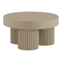 Beige round coffee table with ribbed pedestal base, featuring a smooth top and textured detailing. Ideal for modern decor.