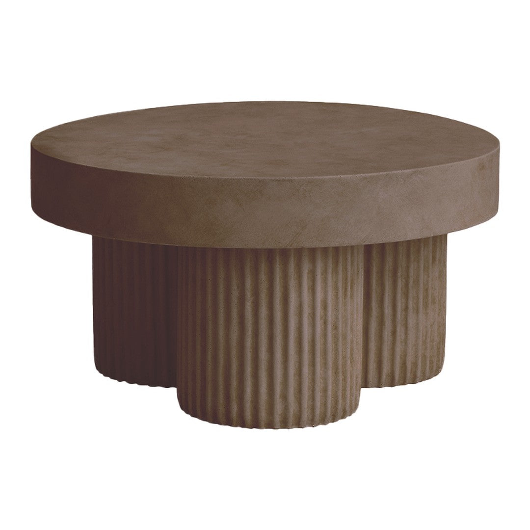 Brown round coffee table with textured ribbed base and smooth top surface, perfect for modern decor.