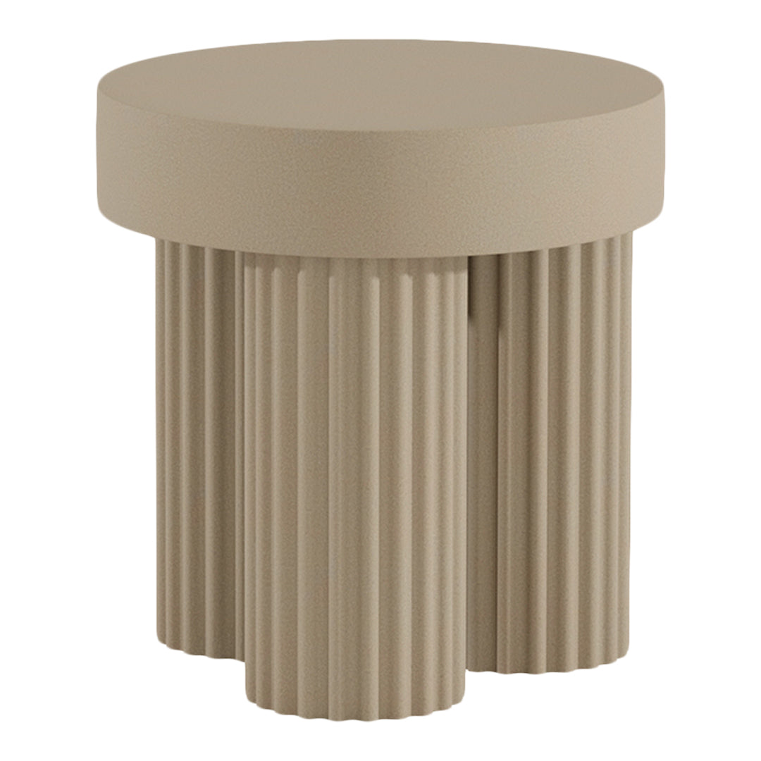 Beige round side table with fluted legs, featuring a smooth top and ribbed texture for a modern look.