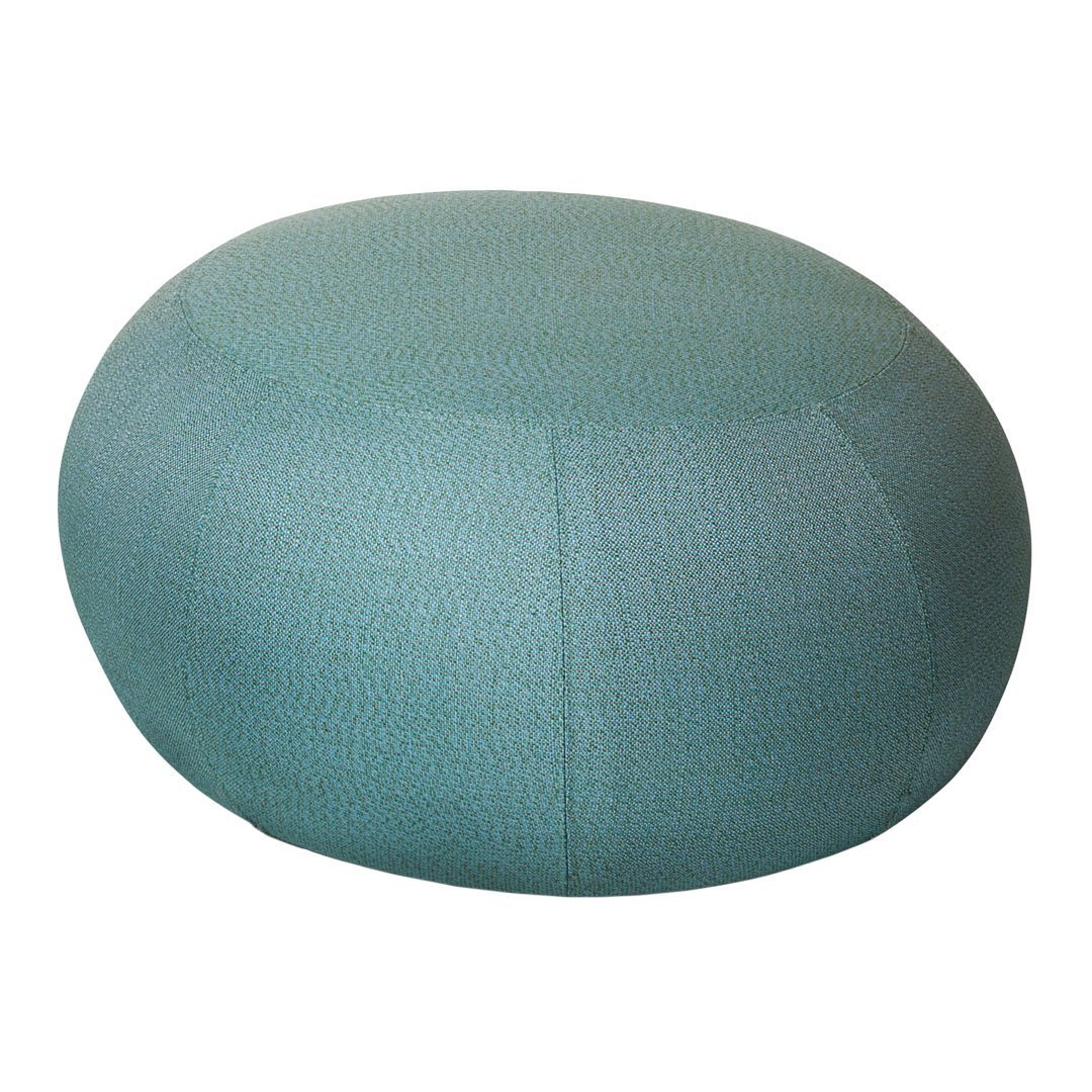 Round teal pouf with textured fabric, featuring a solid color and subtle pattern, perfect for modern decor.