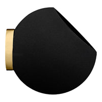 Black round vase with a matte finish and a sleek gold rim, featuring a modern, minimalistic design.