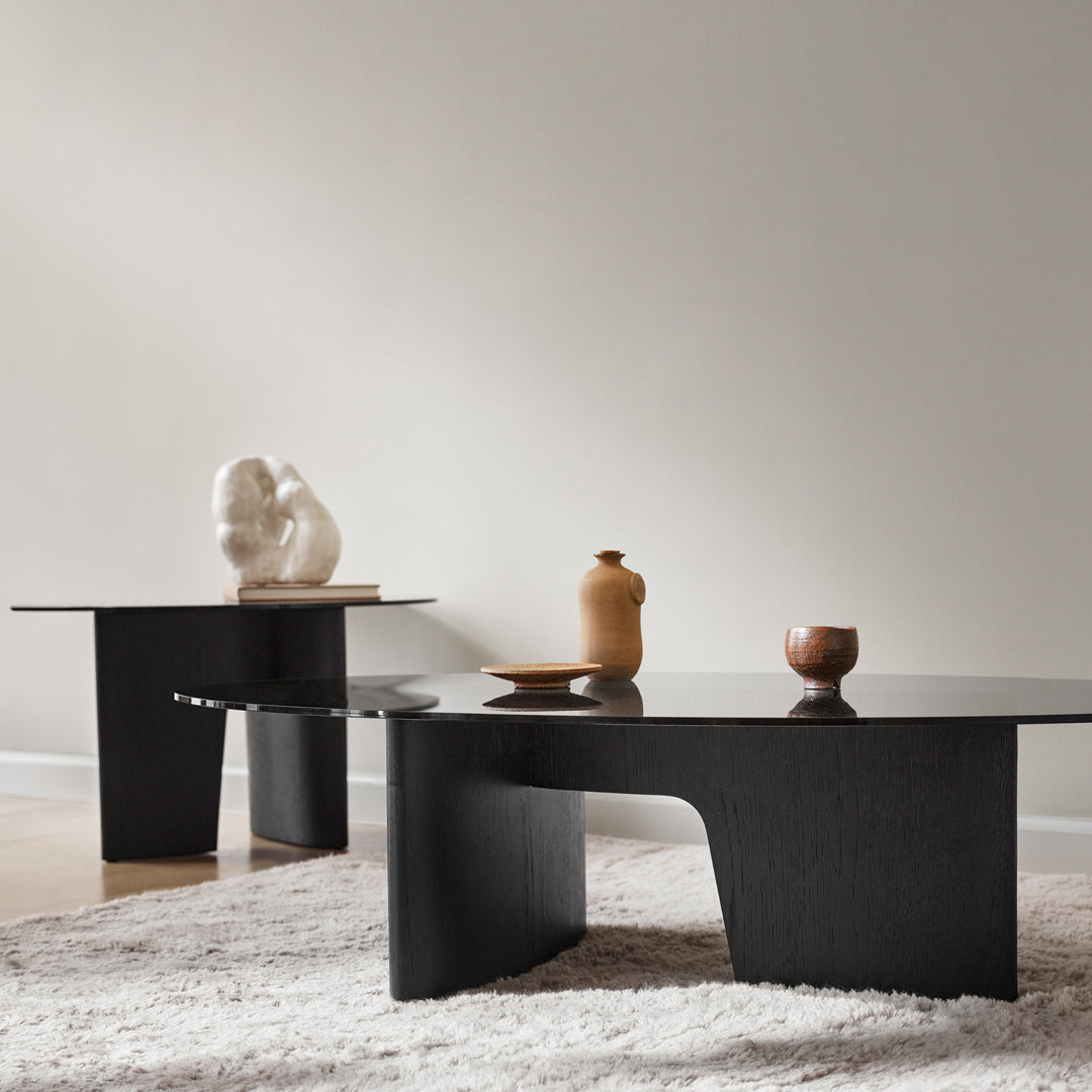 Modern black coffee tables with sleek, curved tops against a neutral backdrop and textured cream rug.