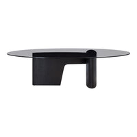Modern black coffee table with a minimalist oval glass top and bold geometric base, featuring sleek lines and a contemporary design.