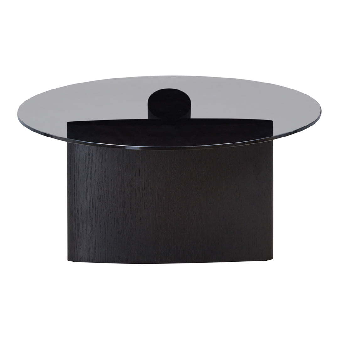 Black modern coffee table with a round glass top, featuring a sleek and minimalist design. Perfect for contemporary decor.