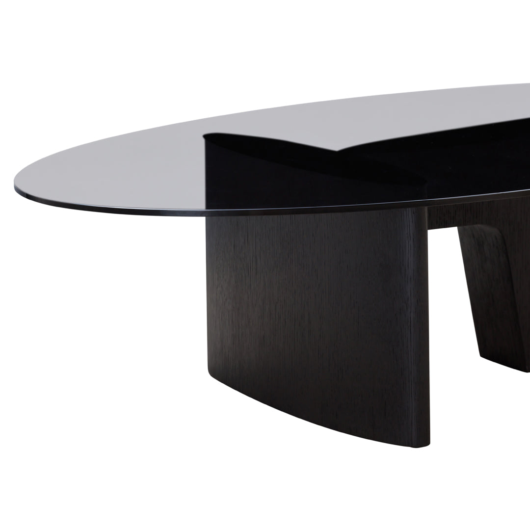 Sleek black wood base with a modern oval glass top, creating a stylish contrast and contemporary aesthetic.