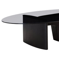 Sleek black wood base with a modern oval glass top, creating a stylish contrast and contemporary aesthetic.