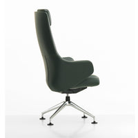 Green upholstered high-back chair with sleek chrome base, minimalistic design, and smooth surface pattern.