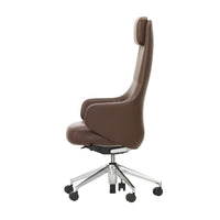 Brown ergonomic office chair with smooth leather finish and chrome base, featuring a sleek, minimalist design.