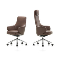 Brown leather office chair with a sleek design, featuring a smooth finish and chrome accents. Perfect for modern workspaces.