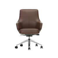 Brown leather office chair with a sleek, modern design and chrome accents, featuring a smooth, minimalist pattern.