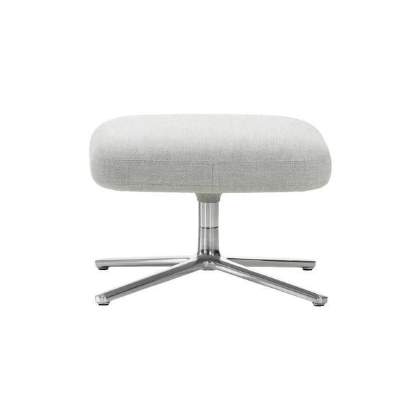 Gray upholstered ottoman with a sleek metal base, featuring a minimalist design and smooth texture.
