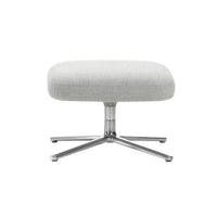 Gray upholstered ottoman with a sleek metal base, featuring a minimalist design and smooth texture.