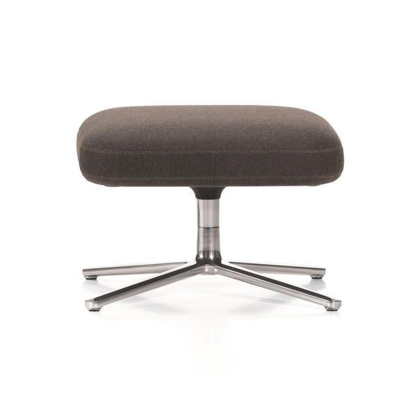 Modern square ottoman with soft dark brown fabric and sleek chrome base. Simple and stylish design for any space.