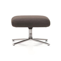 Modern square ottoman with soft dark brown fabric and sleek chrome base. Simple and stylish design for any space.