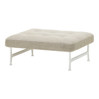 Beige tufted ottoman with a lightweight white metal frame, offering a minimalist and modern design.