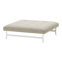 Beige tufted ottoman with a minimalist white metal frame, perfect for modern decor.
