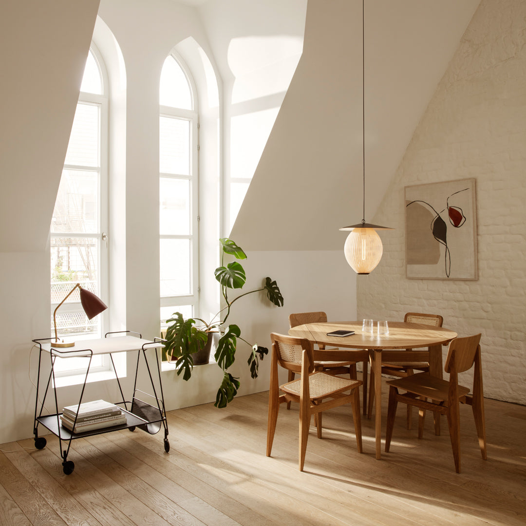 Light wood dining set with beige walls, warm pendant light, and greenery, creating a cozy, modern ambiance.