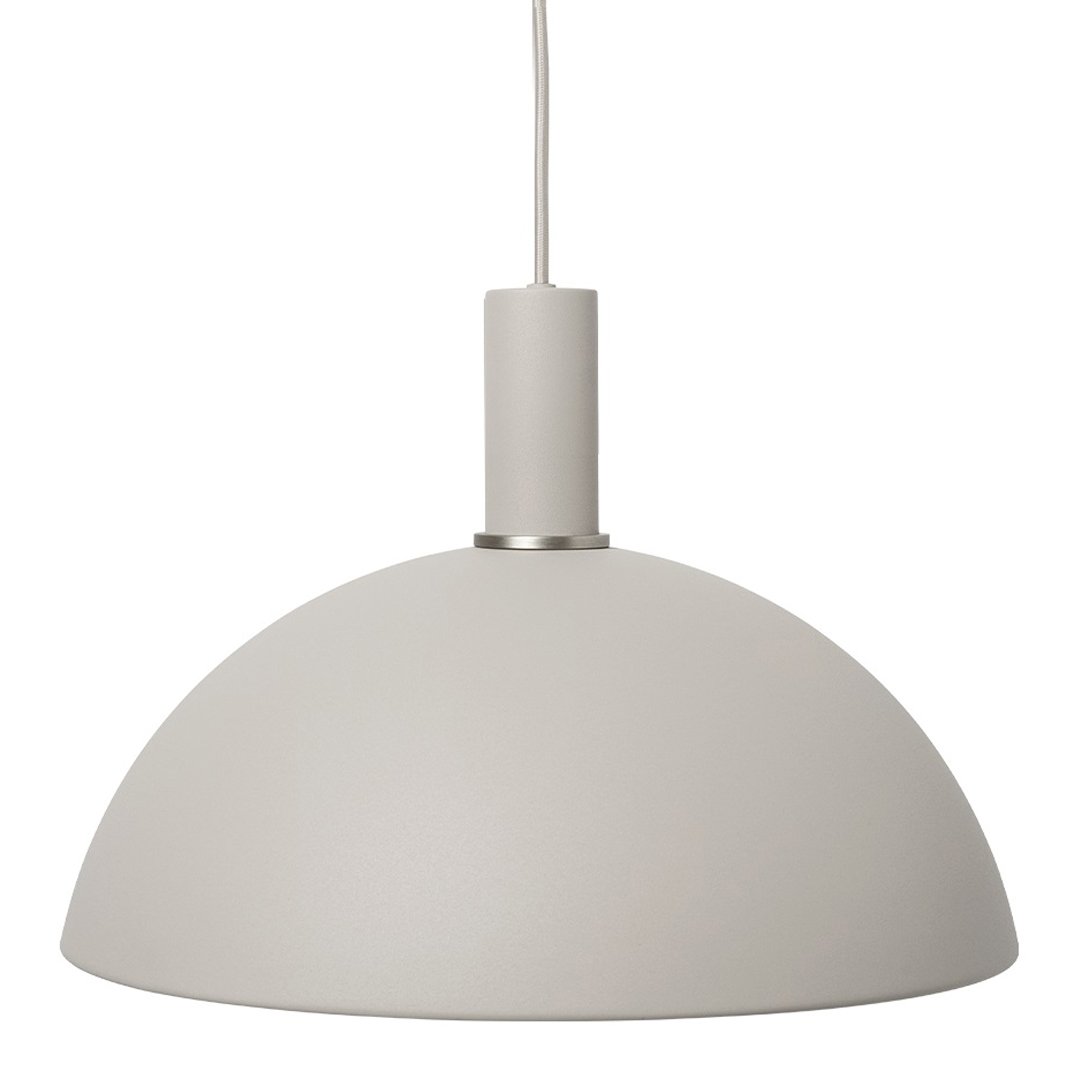 Round grey pendant light with a smooth matte finish, featuring a sleek, minimalistic design.