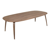 Modern oval walnut dining table with a smooth, rich brown finish and tapered legs. Perfect for contemporary spaces.