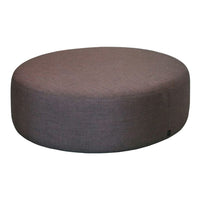 Round, gray upholstered pouf with a smooth texture and seamless design, ideal for modern decor.