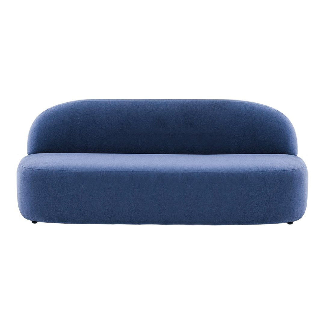 Modern blue sofa with a sleek, curved design and a soft, textured upholstery. Ideal for contemporary interiors.