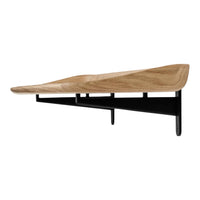 Wooden wall shelf with a natural light oak finish and sleek black metal brackets, showcasing a minimalist design.