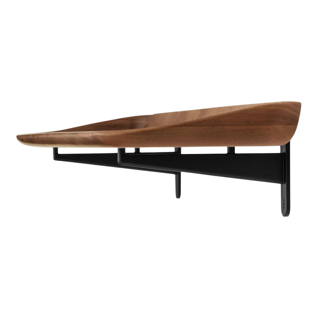 "Modern wood wall shelf in rich walnut with sleek black metal brackets for a sophisticated design."