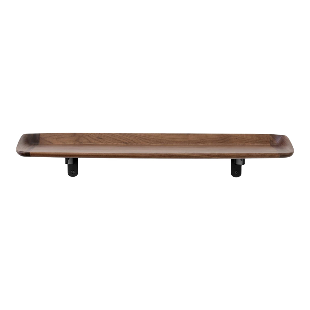 Wooden serving tray in rich brown tones, featuring smooth edges and contrasting black metal legs.