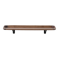 Wooden serving tray in rich brown tones, featuring smooth edges and contrasting black metal legs.