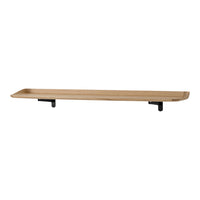 Natural wood grain shelf with smooth light brown finish and sleek black metal brackets, perfect for modern decor.