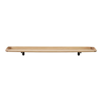 Natural wood-colored tray with sleek black metal legs, featuring a minimalist and modern design.