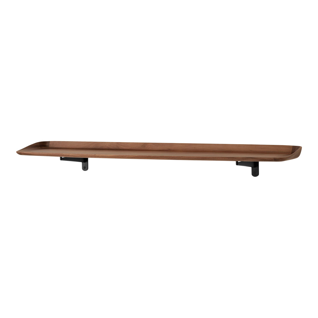 Brown wooden shelf with a smooth finish and black metal brackets, featuring a minimalist design.