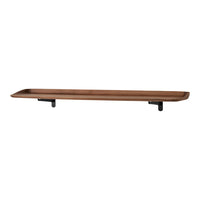 Brown wooden shelf with a smooth finish and black metal brackets, featuring a minimalist design.