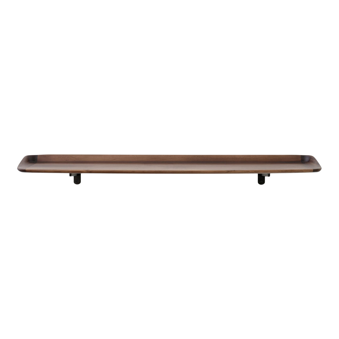 Long, rectangular wooden tray in rich brown with a smooth finish and subtle natural grain patterns.