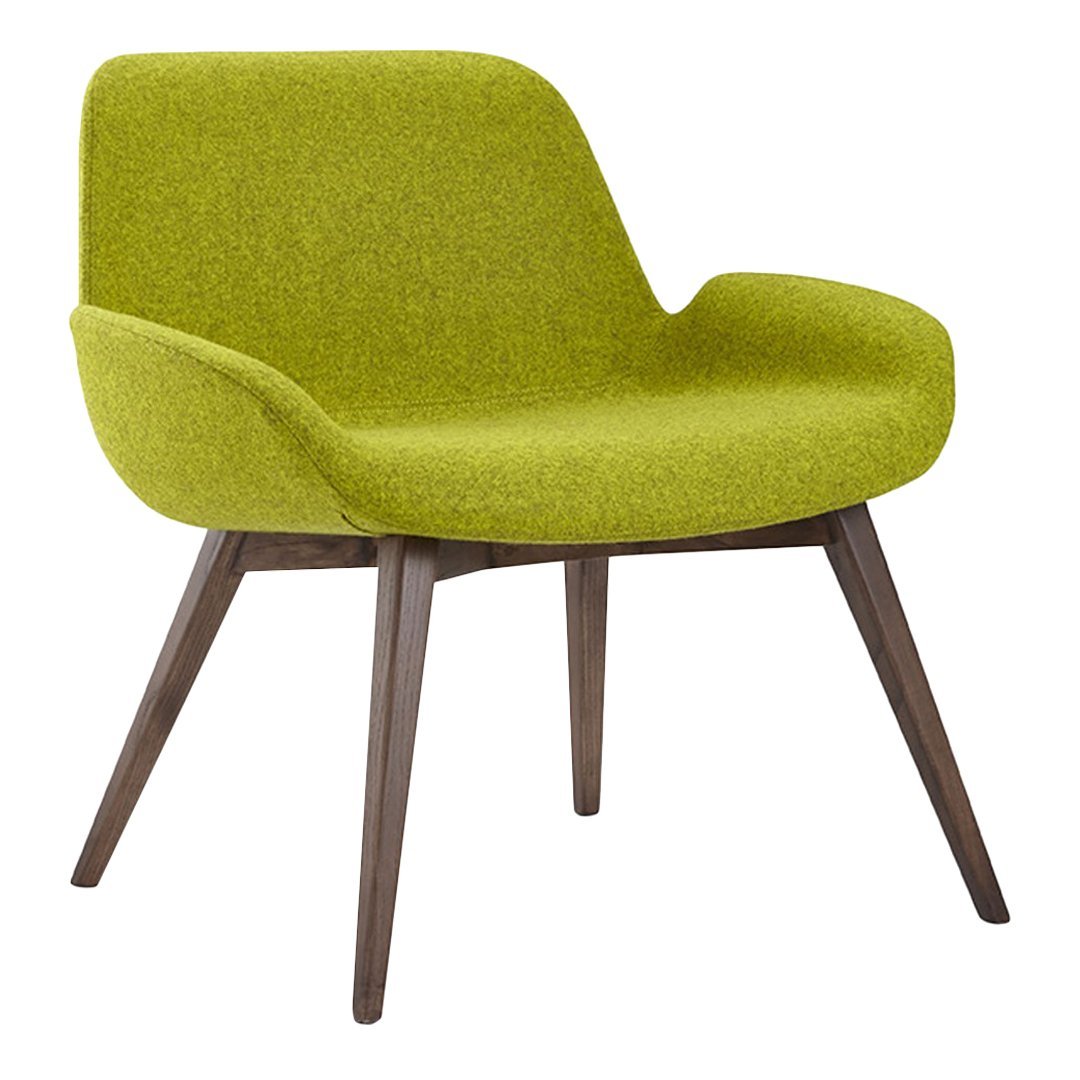 Lime green upholstered chair with modern design and dark wooden legs. Stylish and vibrant furniture piece.