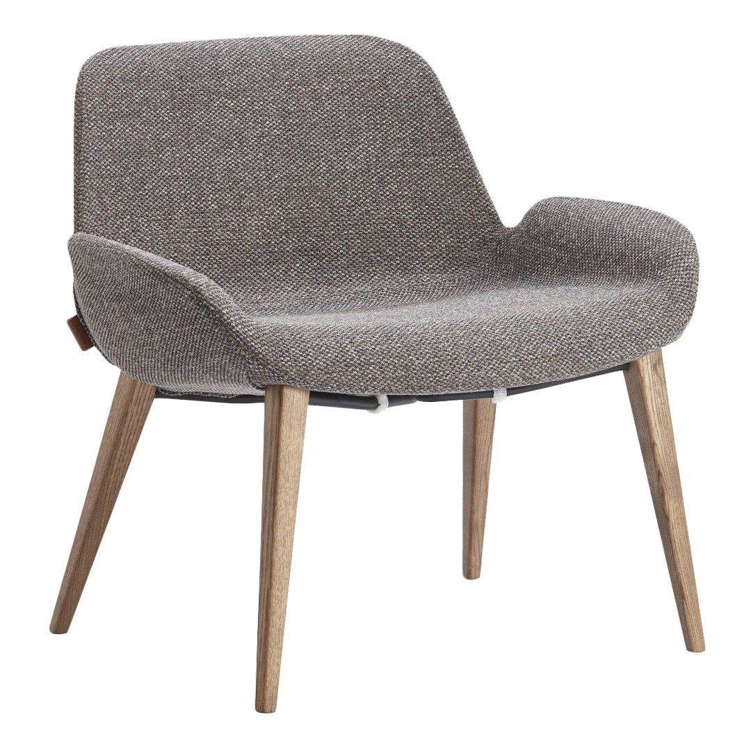 Gray upholstered chair with a textured fabric and natural wood legs. Modern design with a minimalist aesthetic.
