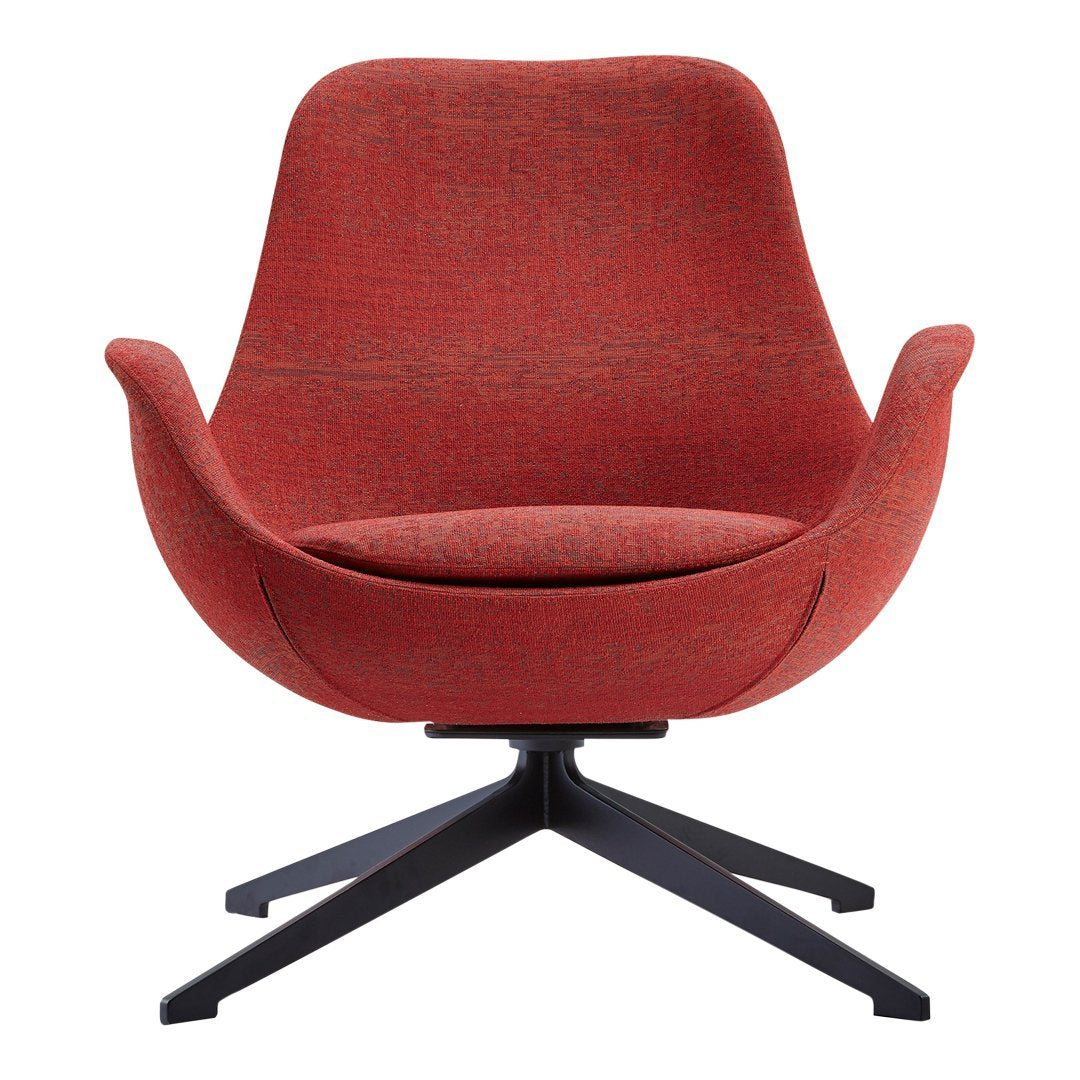 Mid-century modern chair in a vibrant rust red fabric with a sleek black base, showcasing a smooth silhouette.