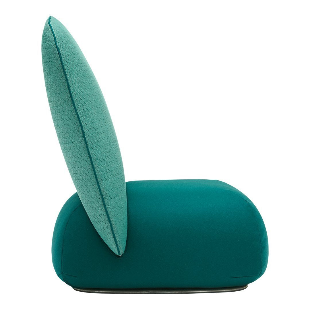 Turquoise chair with a sleek, rounded base and tall, leaf-like backrest in a textured finish.