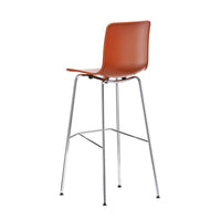Brown plastic bar stool with a sleek chrome frame, featuring a minimalist design. Perfect for modern interiors.
