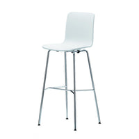 White modern bar stool with sleek chrome legs, featuring a minimalist design and a smooth finish.