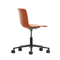 "Modern swivel chair in a warm brown color with a sleek, minimalist design and black rolling wheels."