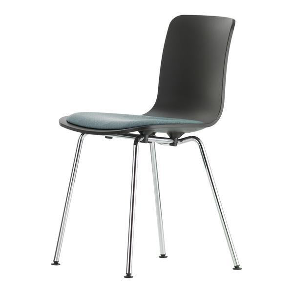 Stylish black chair with a smooth blue seat and sleek chrome legs, perfect for modern decor.