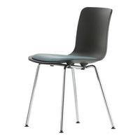 Stylish black chair with a smooth blue seat and sleek chrome legs, perfect for modern decor.