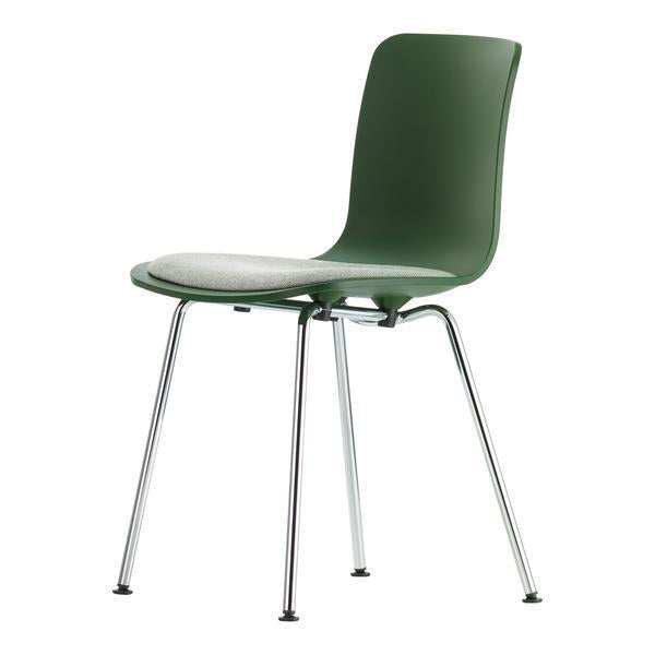 Green chair with a smooth finish and a light gray seat, complemented by sleek chrome legs.